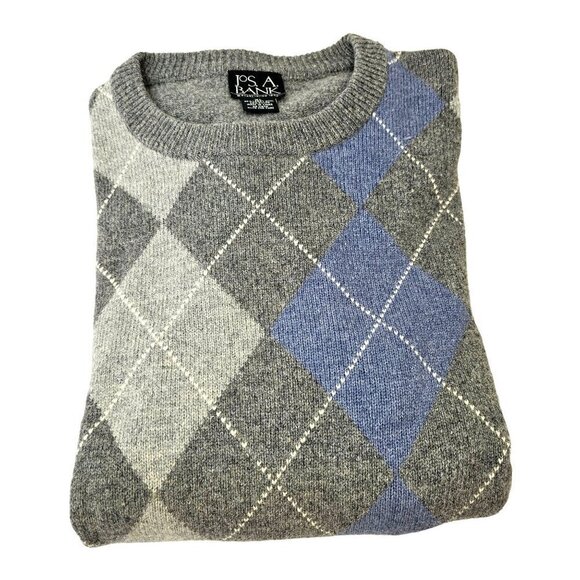 Jos A Bank Argyle Pullover Sweater Men XL Crew Neck Lambs Wool Blnd Blue on Gray - Picture 3 of 9
